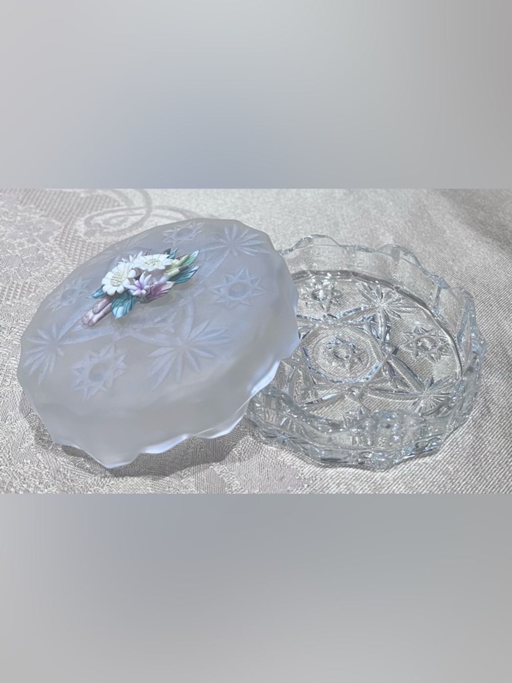 Frosted Glass Trinket Dish with Floral Accent